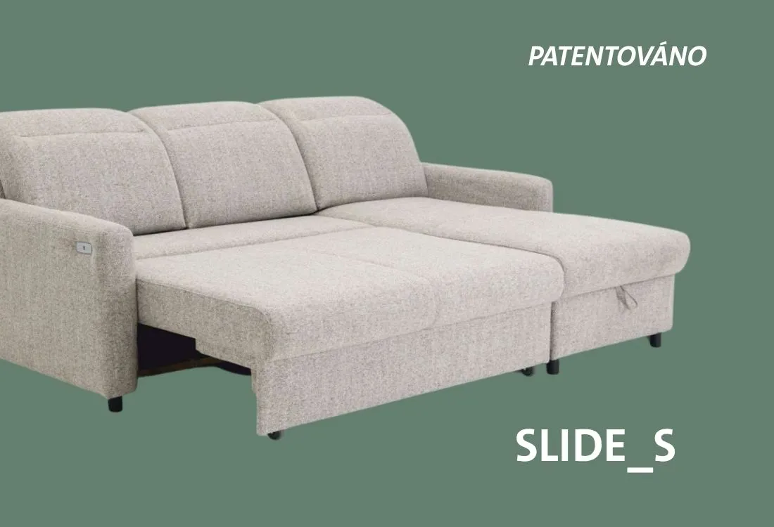 Rozkládací pohovka Slide_S v béžové látce, patentovaný mechanismus